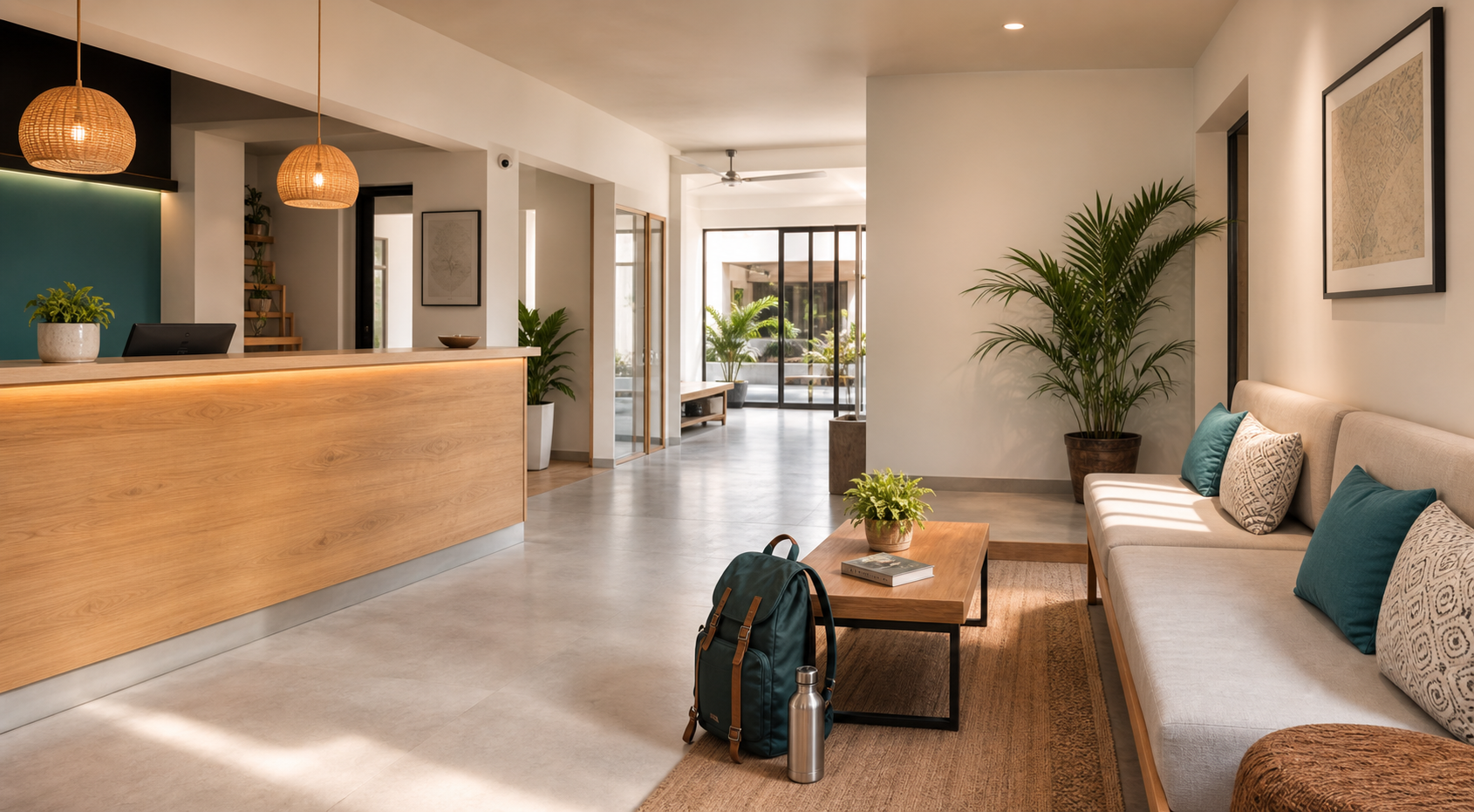 Neutral modern hostel reception lounge